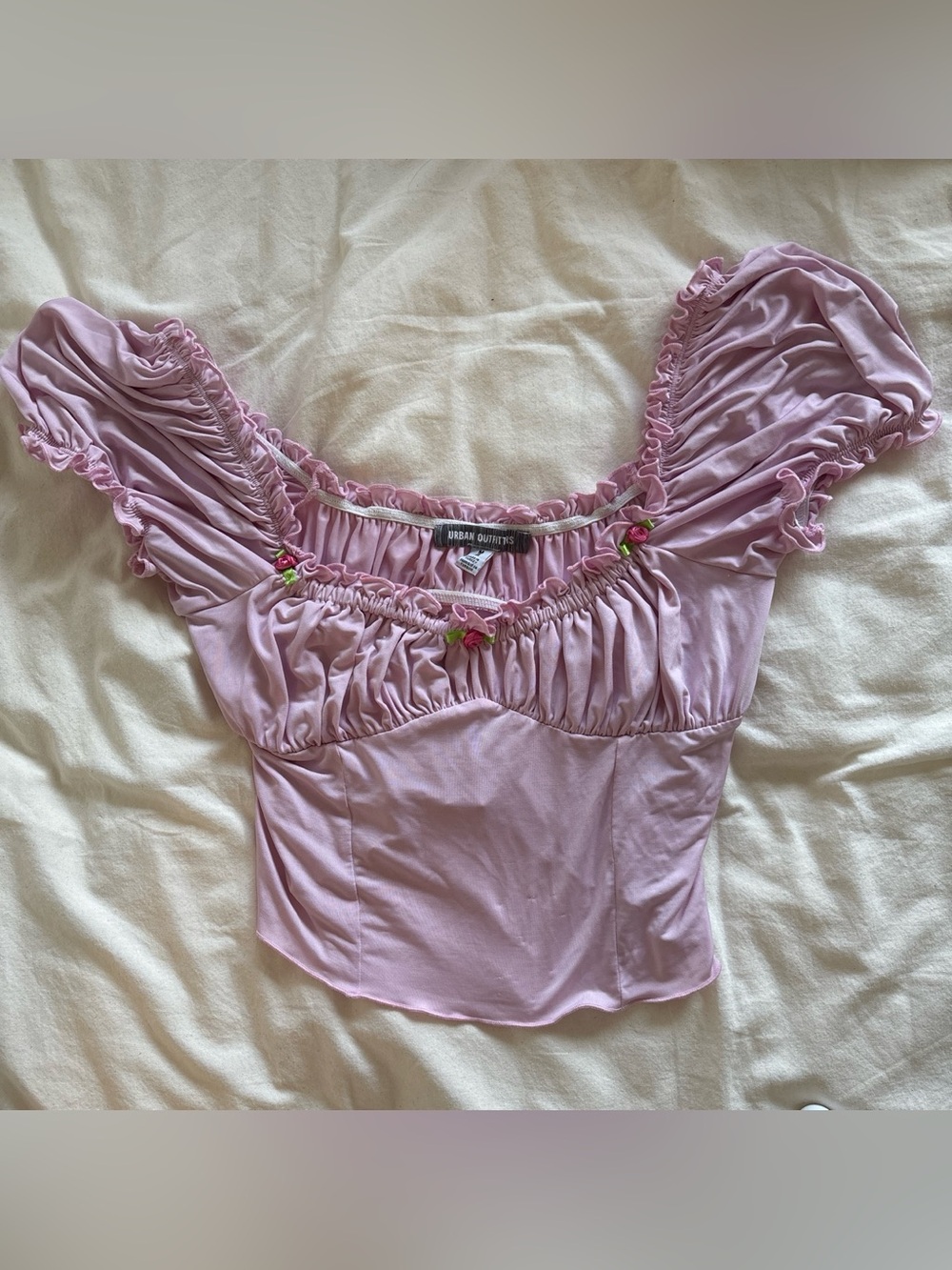 Urban Outfitters Lilac Ruched Puff Sleeve Crop Top with Rose Accents